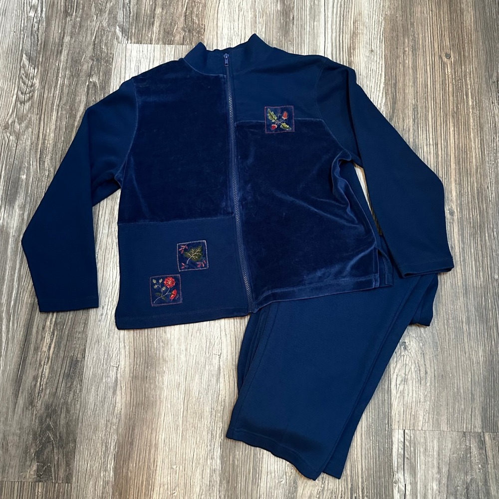 Erika Collection Petites Women's Med Large Blue Velour Lounge Set 2 Piece Outfit